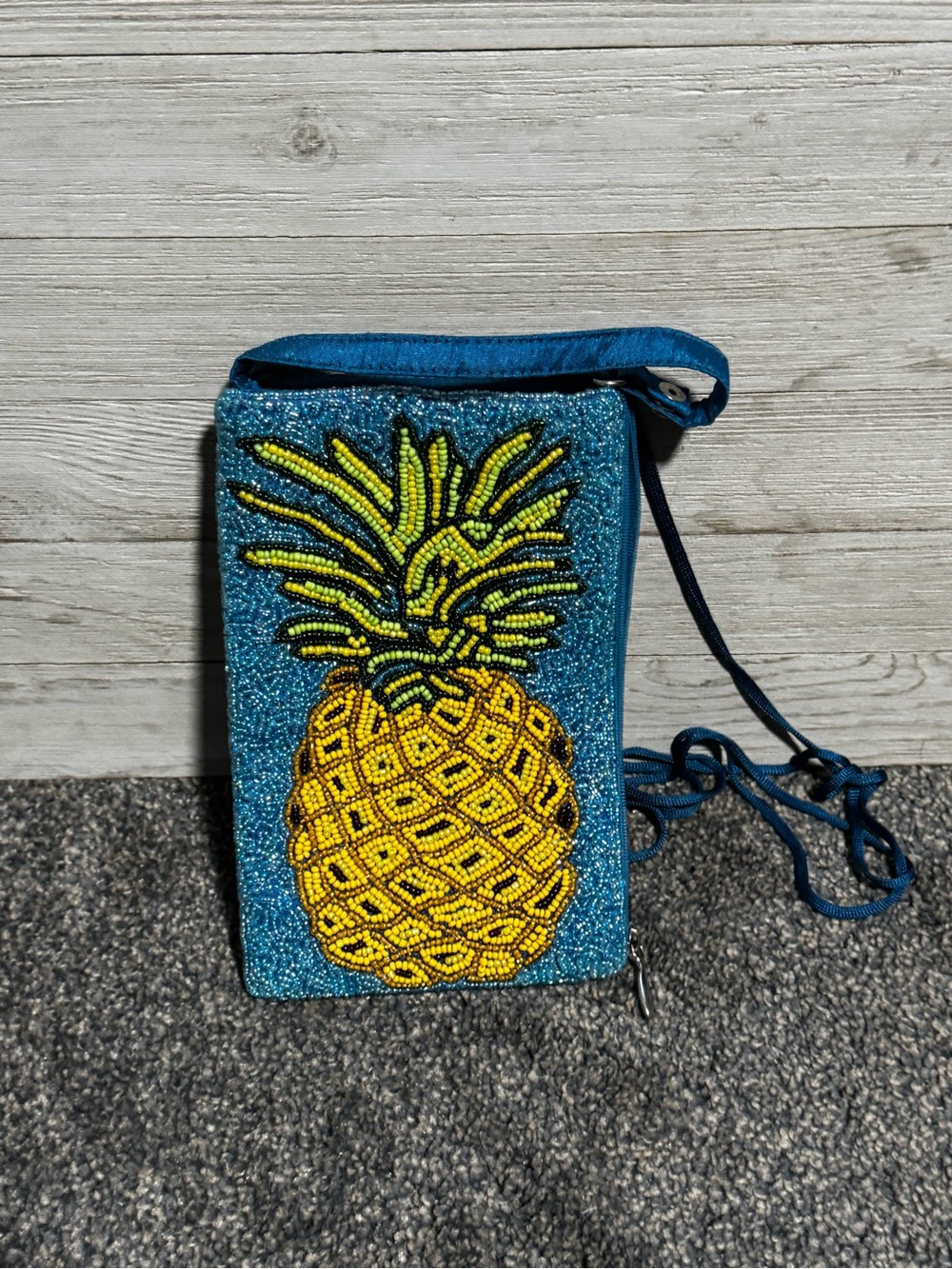 Blue Beaded Shoulder Bag with Yellow Pineapple Motif